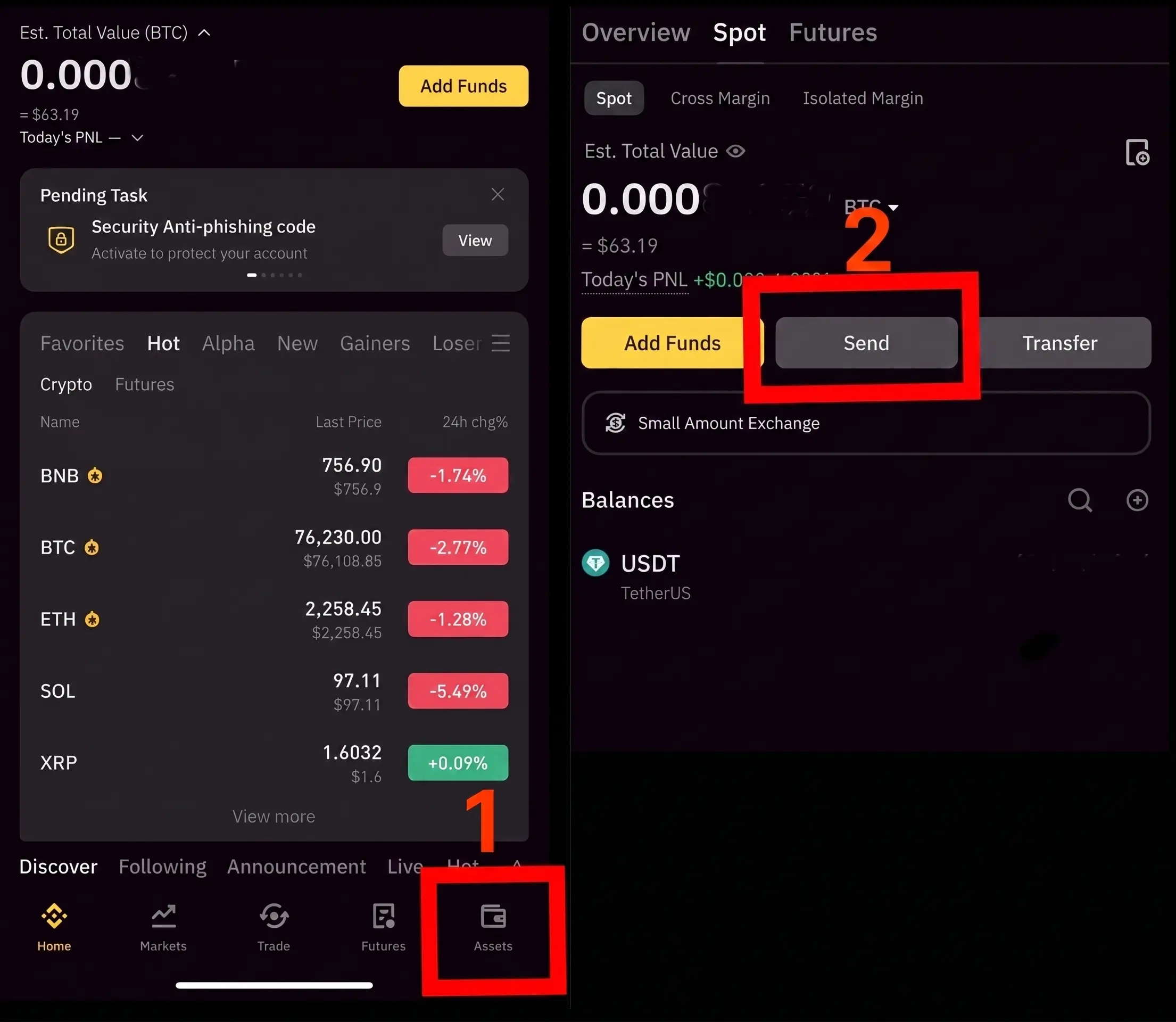 바이낸스 앱 하단 Assets 아이콘 클릭 후 Spot 탭에서 Send 버튼 클릭하는 화면 - 바이낸스 송금 1단계 2단계