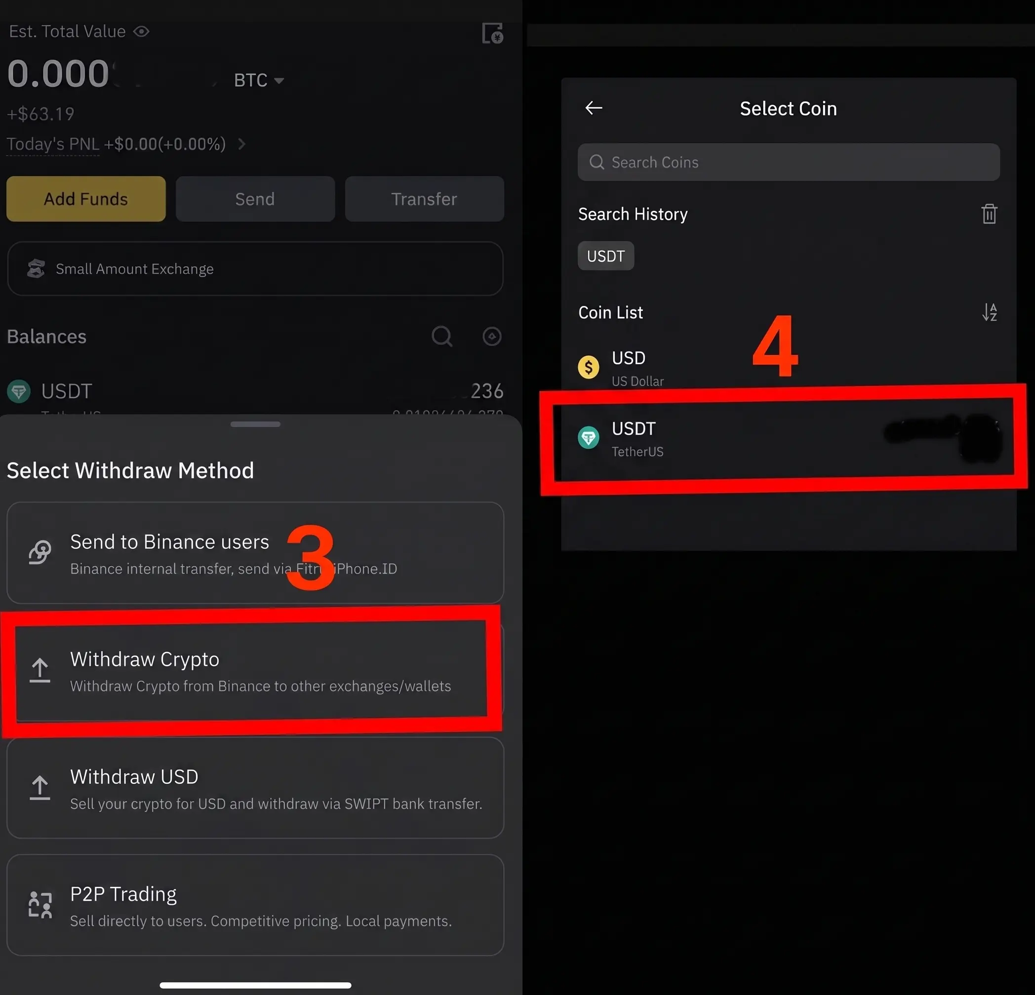 바이낸스 출금 방식 선택 팝업에서 Withdraw Crypto 선택 후 코인 목록에서 USDT TetherUS 검색 선택 화면 - 바이낸스 송금 3단계 4단계