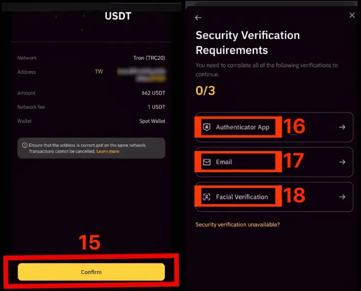 바이낸스 송금 최종 확인 화면 Confirm 클릭 후 Security Verification Requirements 3중 보안 인증 Authenticator App Email Facial Verification 화면 - 바이낸스 송금 15~18단계