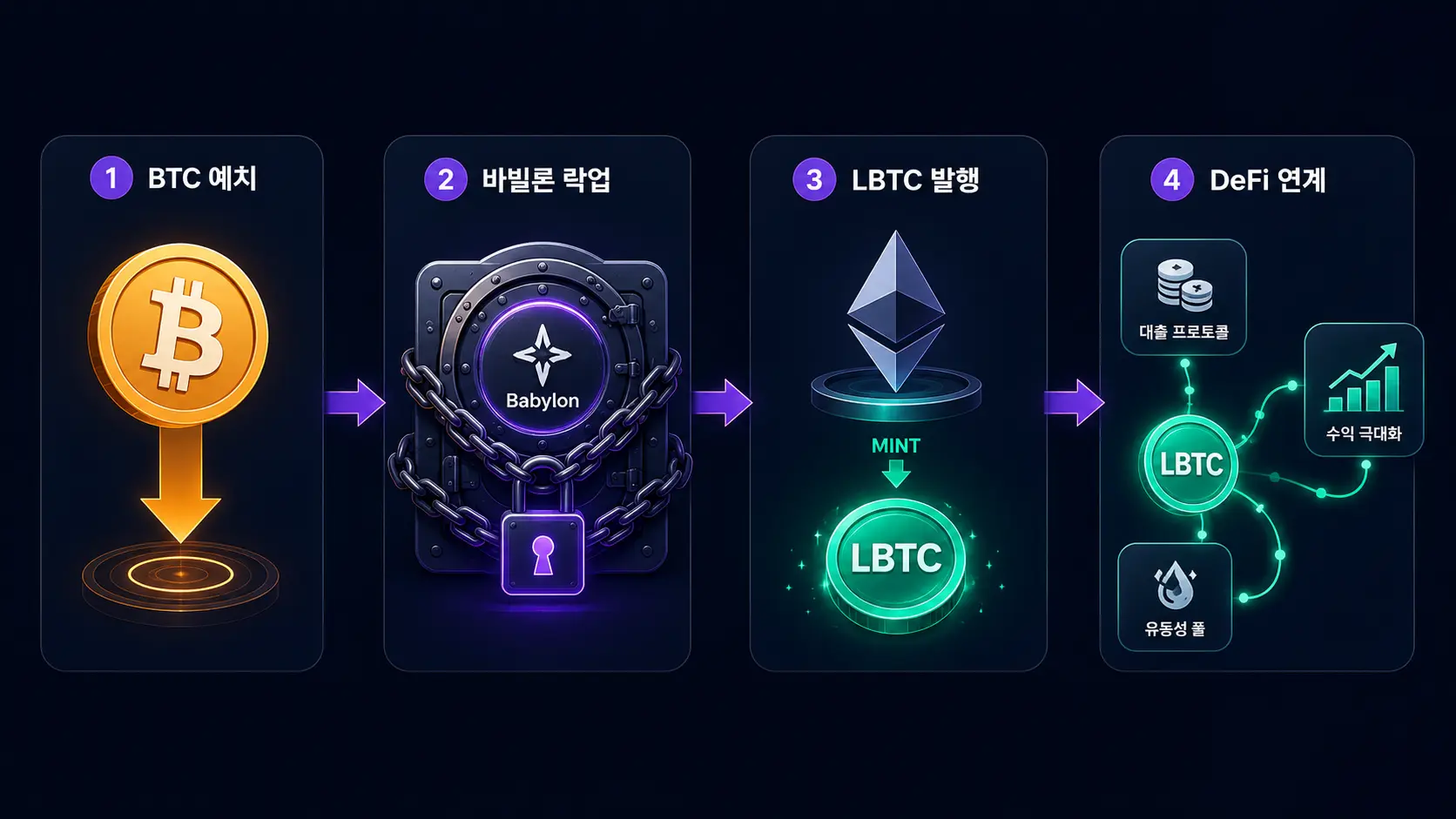 롬바르드 LBTC 작동 원리 4단계 흐름 — BTC 예치부터 DeFi 연계까지