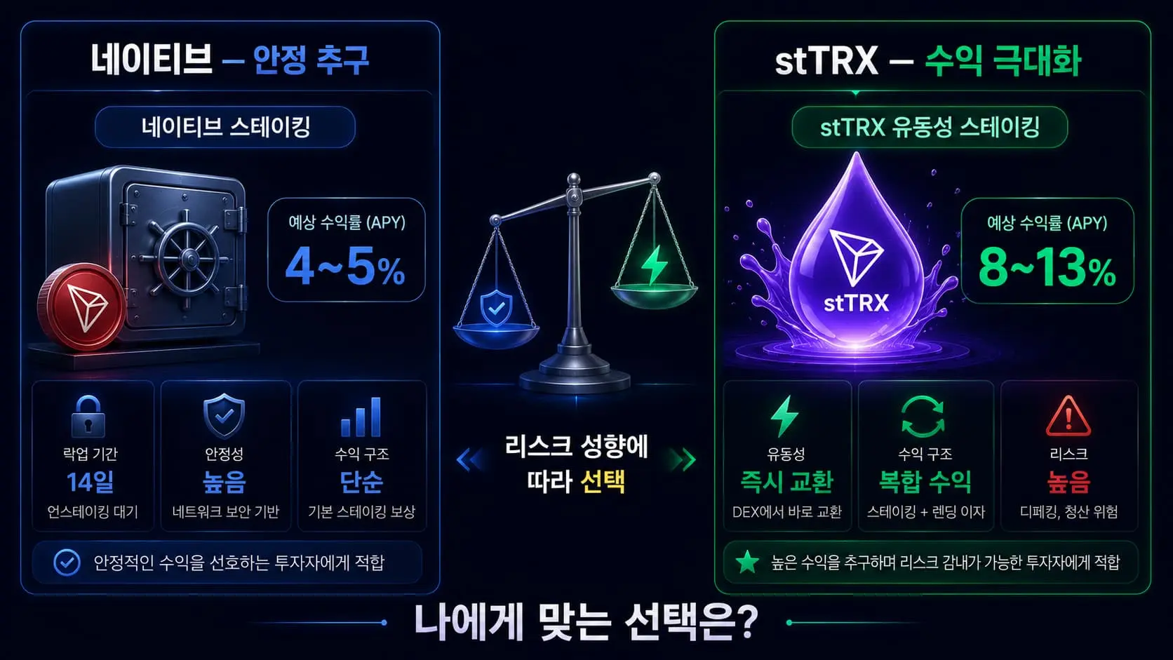 네이티브 스테이킹 vs stTRX 유동성 스테이킹 비교 — 수익률 유동성 리스크 대시보드