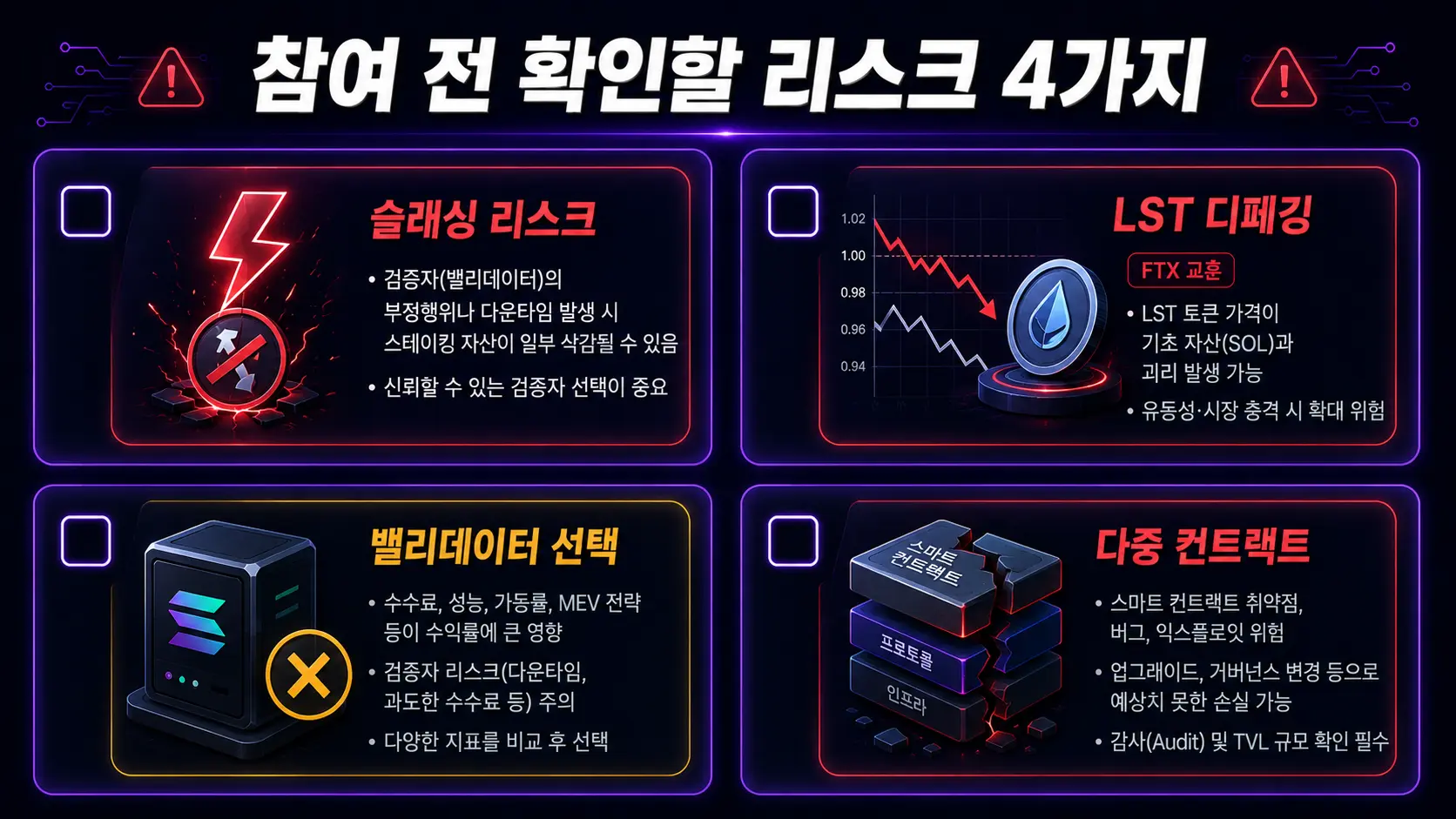 솔라나 스테이킹 리스크 체크리스트 — 슬래싱 LST 디페깅 밸리데이터 선택 다중 컨트랙트