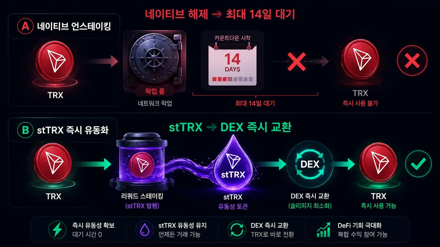 stTRX 14일 락업 우회 메커니즘 — 네이티브 언스테이킹 대기 vs DEX 즉시 교환 비교