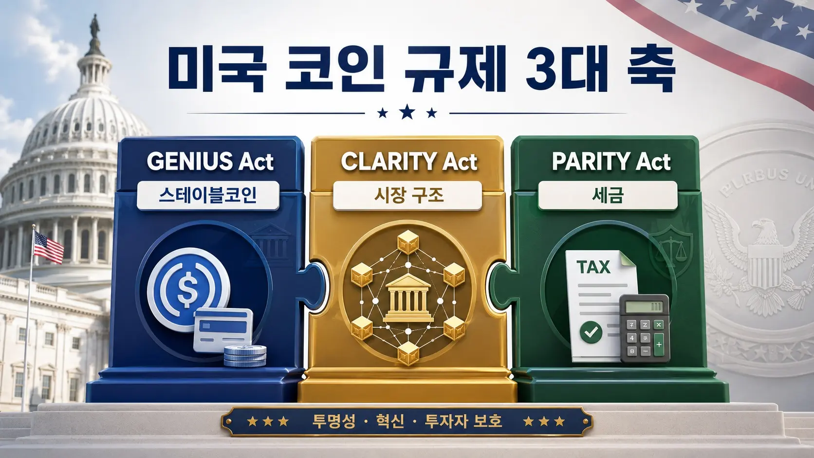 미국 코인 규제 3대 법안 — GENIUS Act 스테이블코인, CLARITY Act 시장구조, PARITY Act 세금